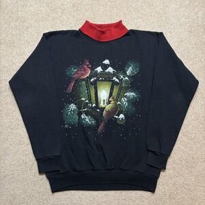 Cardinal Bird Sweatshirt Womens Medium Black Christmas Festive Grandma Mock Neck
